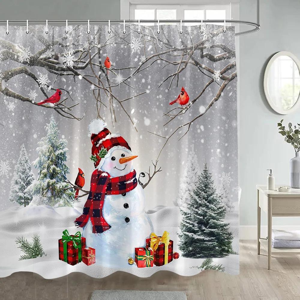Winter Christmas Shower Curtain Funny Snowman Xmas Trees Fireplace Truck Forest Snowy Scene New Year Holiday Home Bathroom Decor