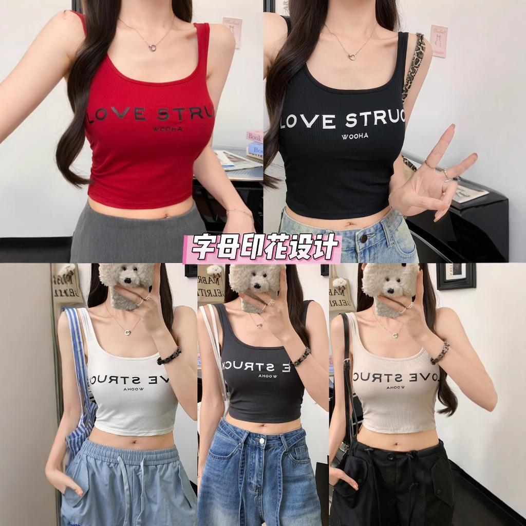 #Human Cotton Letter Printing Spice Girl Outer Wear Sling Vest Slim Fit Versatile Beautiful Back Lazy People Free Underwear Top