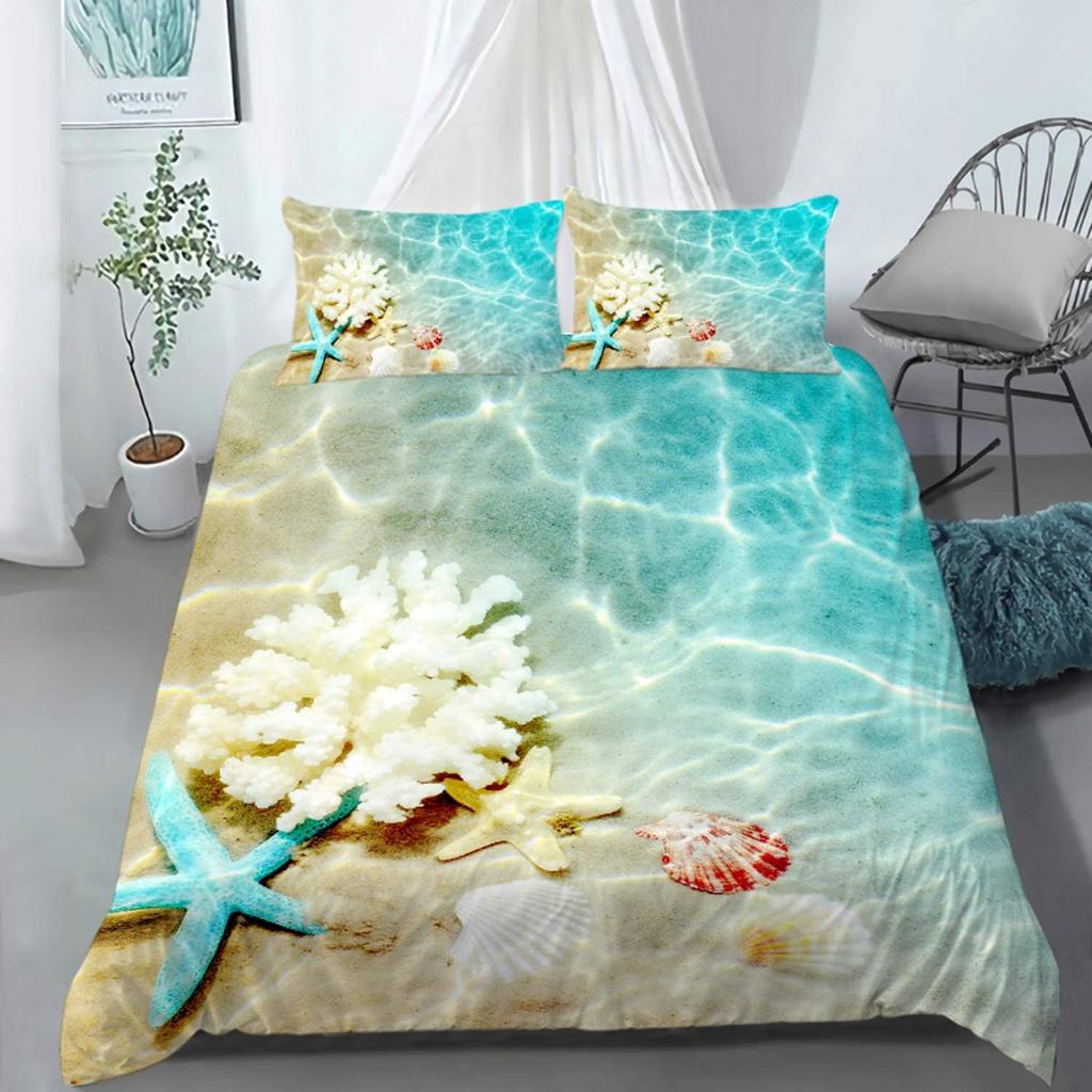 Ocean Beach Palm Tree Duvet Cover Set Sea Wave Polyester Quilt Cover Tropical Leaves Hawaiian Vacation Print For Kid Adult Teen