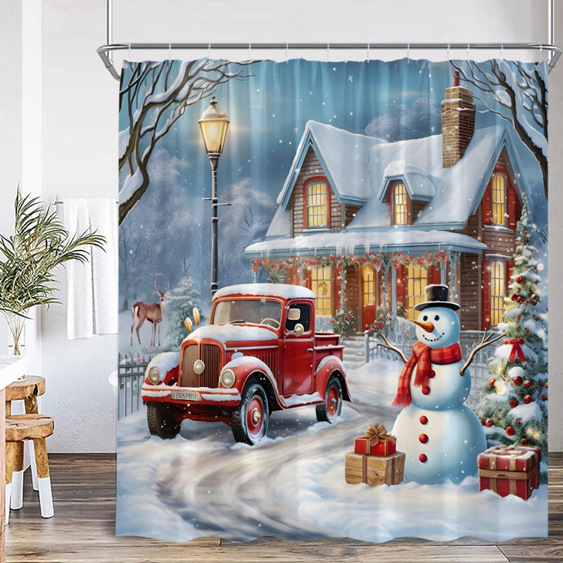 Cute Snowman Christmas Shower Curtains Santa Claus Xmas Tree Truck Winter Forest Scenery Home Bathroom Decor Bath Curtain Set