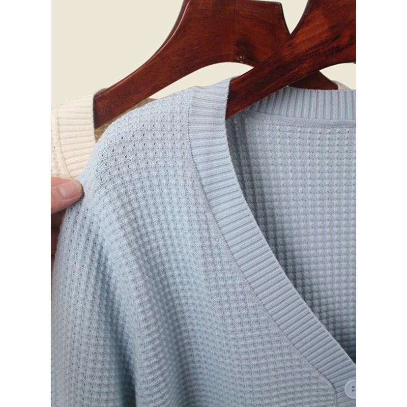 Waffle Texture V Neck Autumn Long Sleeves Cardigan Soft Glutinous Two Wool Core-Spun Yarn Normcore Pure Color Knitting Outwear