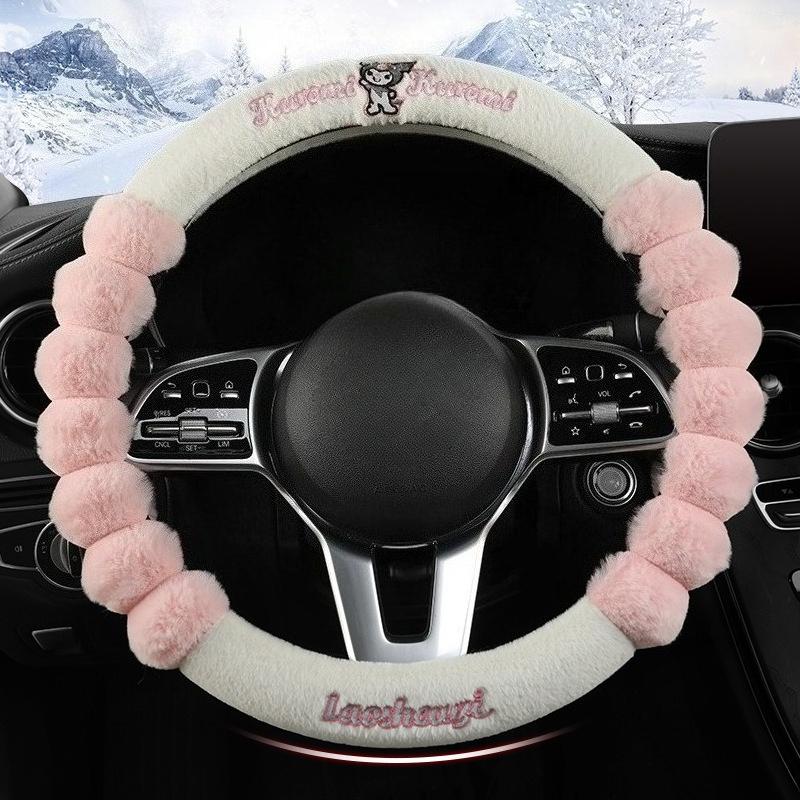 New Kuromi Winter Plush Rabbit Velvet Warm Steering Wheel Cover Soft Handle Cover for Men And Women Car Accessory
