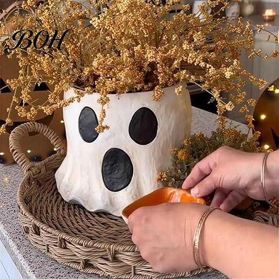 Halloween Trick or Treat Bag Ghost Candy Bucket Decor, Planter Vase Cute Holiday Decorative Prop for Home Bucket, Bowl Indoor Outdoor Display
