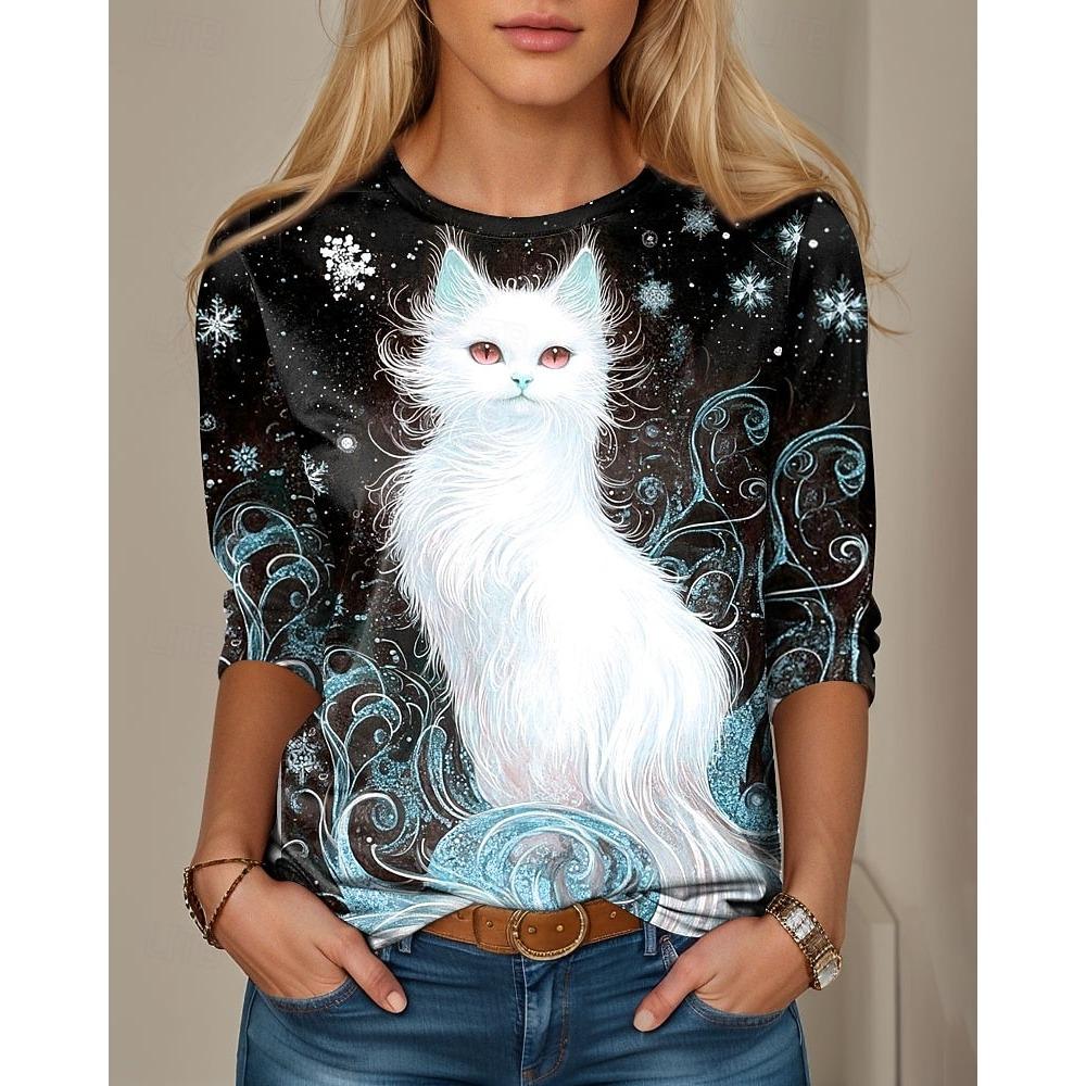 Women's T-shirt Casual Long Sleeve Tops Animal Cat Graphic Tees Shirt Blouse O-neck Fall Winter Streetwear Style Pullover