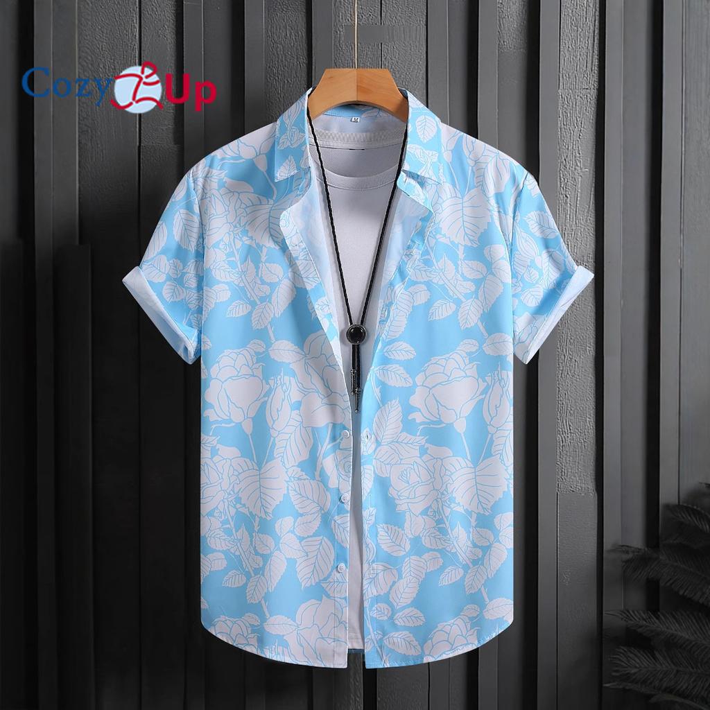 Men's Short Sleeved Shirt with Sky Blue and White Rose Print Shirt for Men