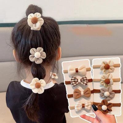 5/6pcs/set Milk Coffee Color Children's Hair Ring Bowknot Flower Rubber Band High Elasticity and Durable Head Rope