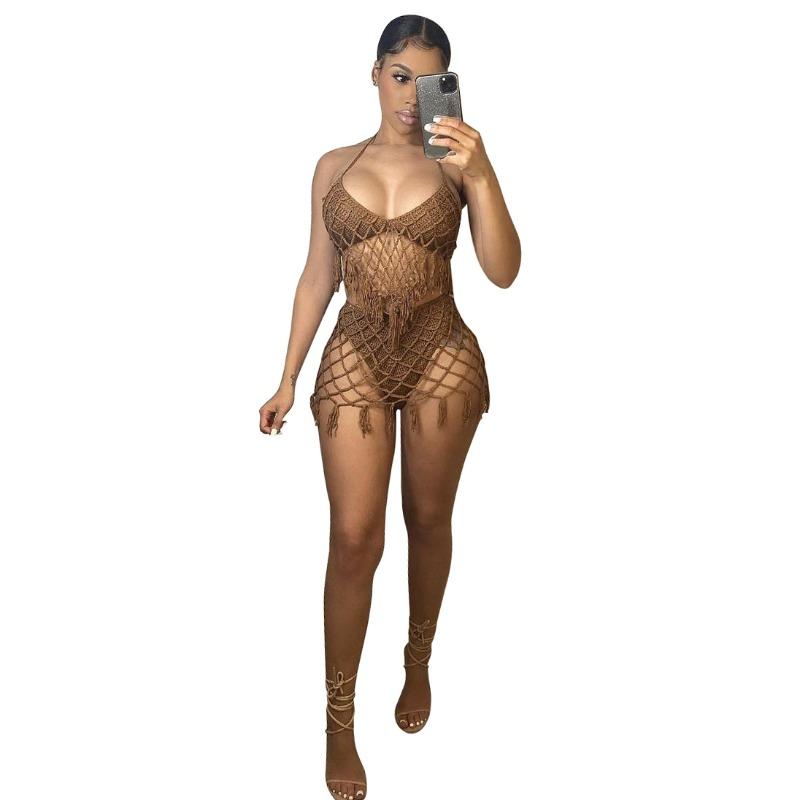 

2026 New Arrival Women Sexy Hand Crochet Knit Beach Cover Up Casual Swimwear Two Piece Set XL