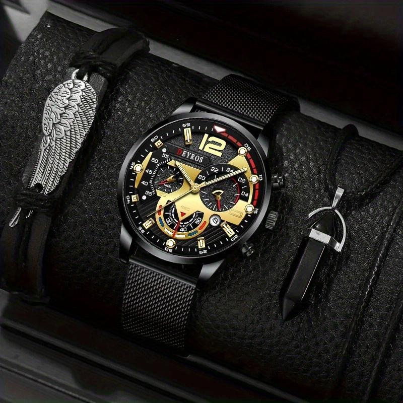 

3 шт./комплект модные мужские повседневные кварцевые наручные часы из нержавеющей стали, мужской браслет, мужское ожерелье, мужские подарки