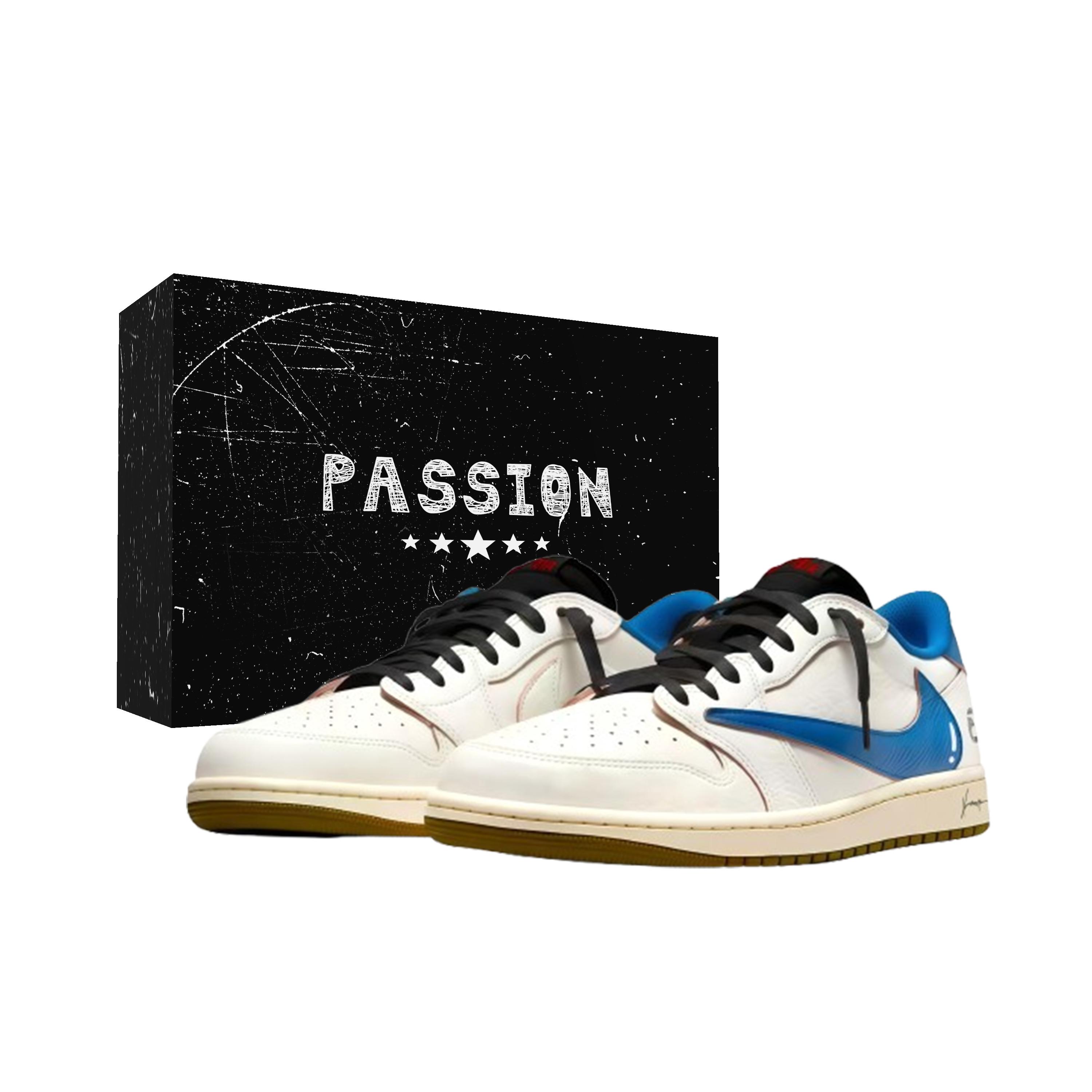 

Jordan x Travis Scott Air Jordan 1 Blue And White Hook Box Slip Resistant Low top Vintage Basketball Shoes Women s DZ4137-700(Team2042- ) 35.5