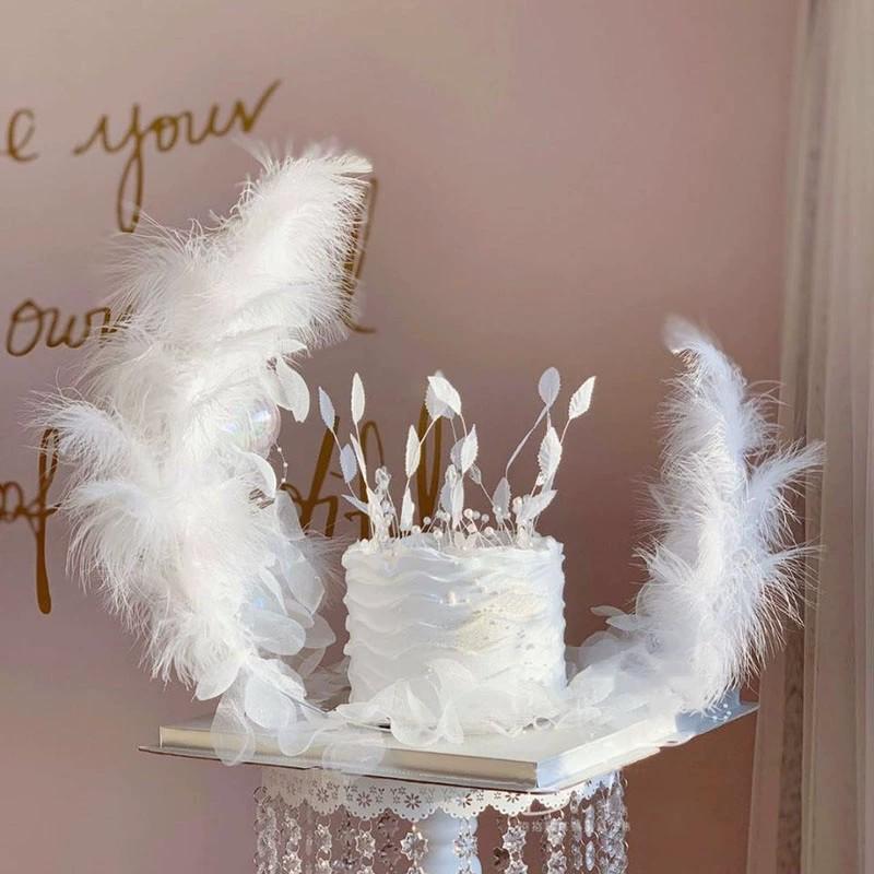 Angel Wings Feather Heart Cake Topper with Wire and Ostrich Feather Strip Decoration