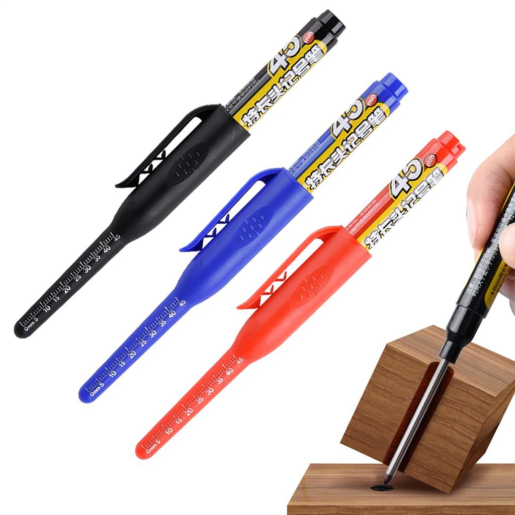 3Pcs Multi-Purpose 45mm Deep Drill Hole Long Nib Marker Pens Waterproof for Bathroom Woodworking Long Head Carpenter Pen