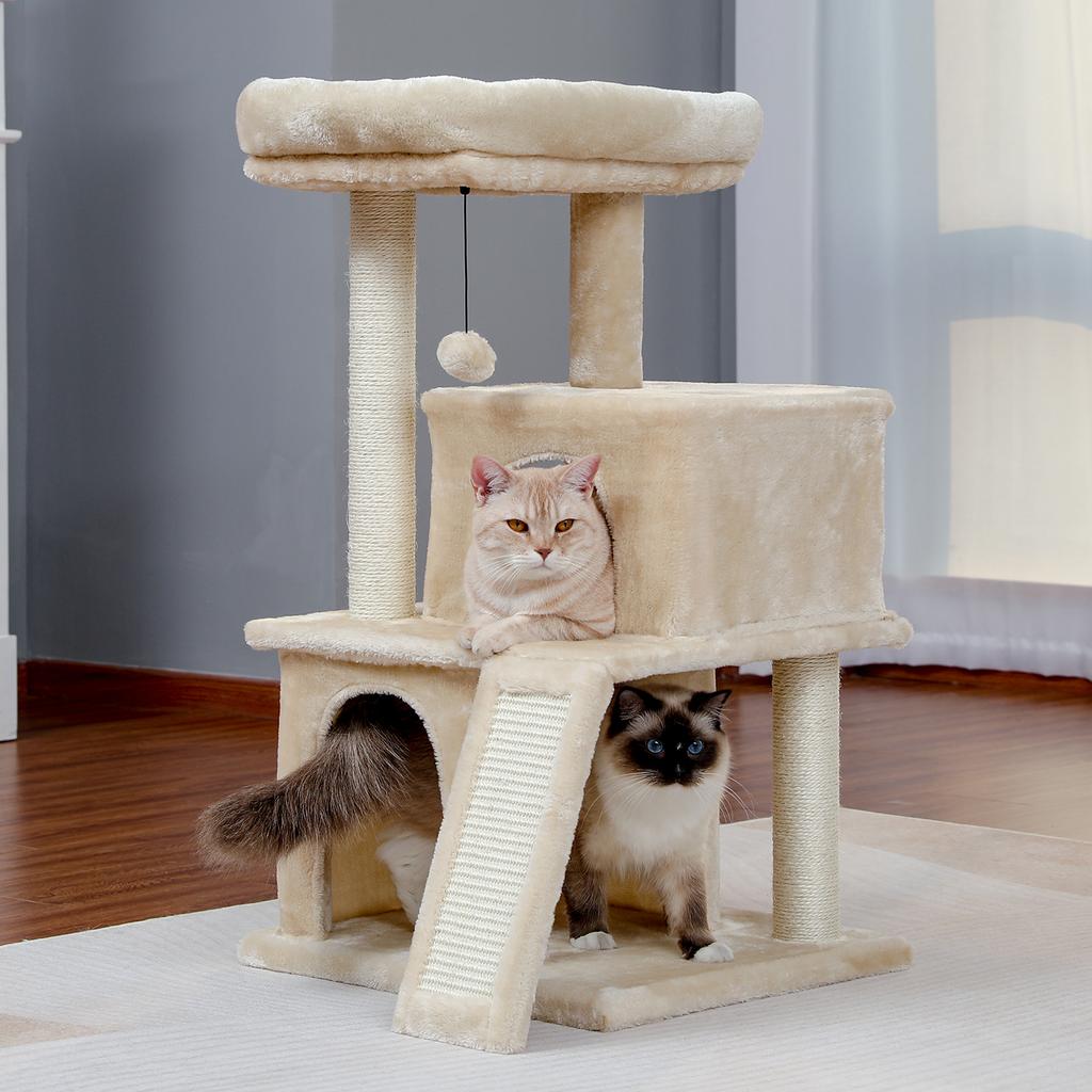 Modern Cat Tree Cat Tower Tea Table, Comfortable Apartment, Top Grade Bass And Swing Ball Beige, Tea Table Furniture