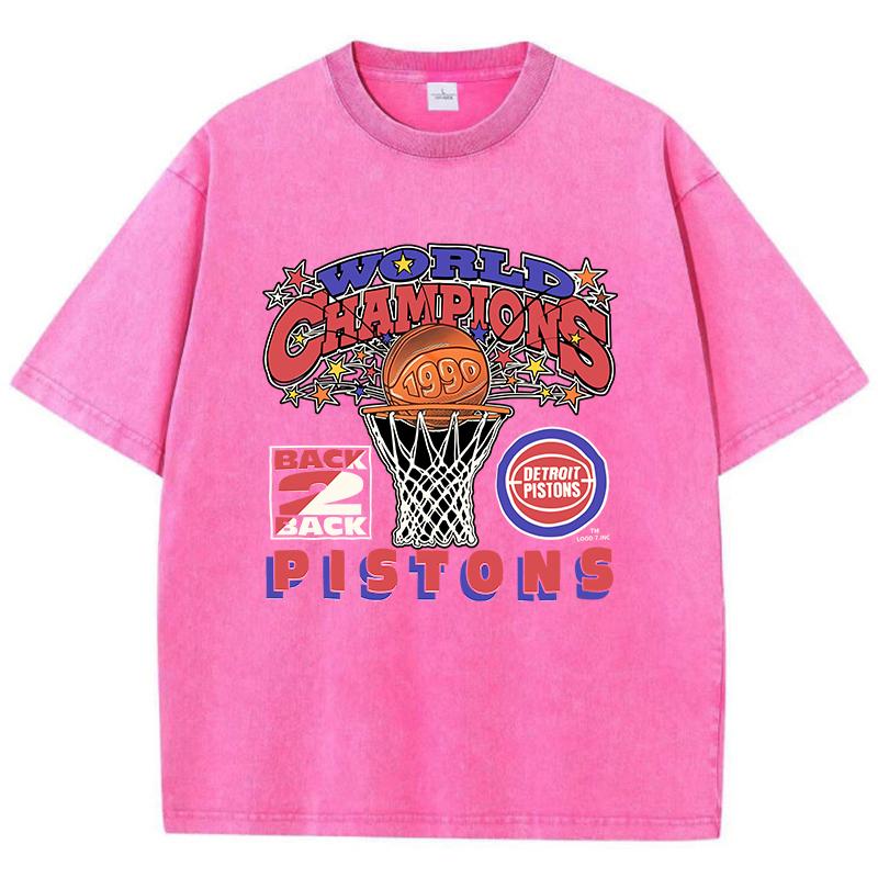 Vintage Womans Acid Wash T-Shirts World Championships Pistons Prints Tops Crewneck Cotton Oversize Tee Shirts Clothes