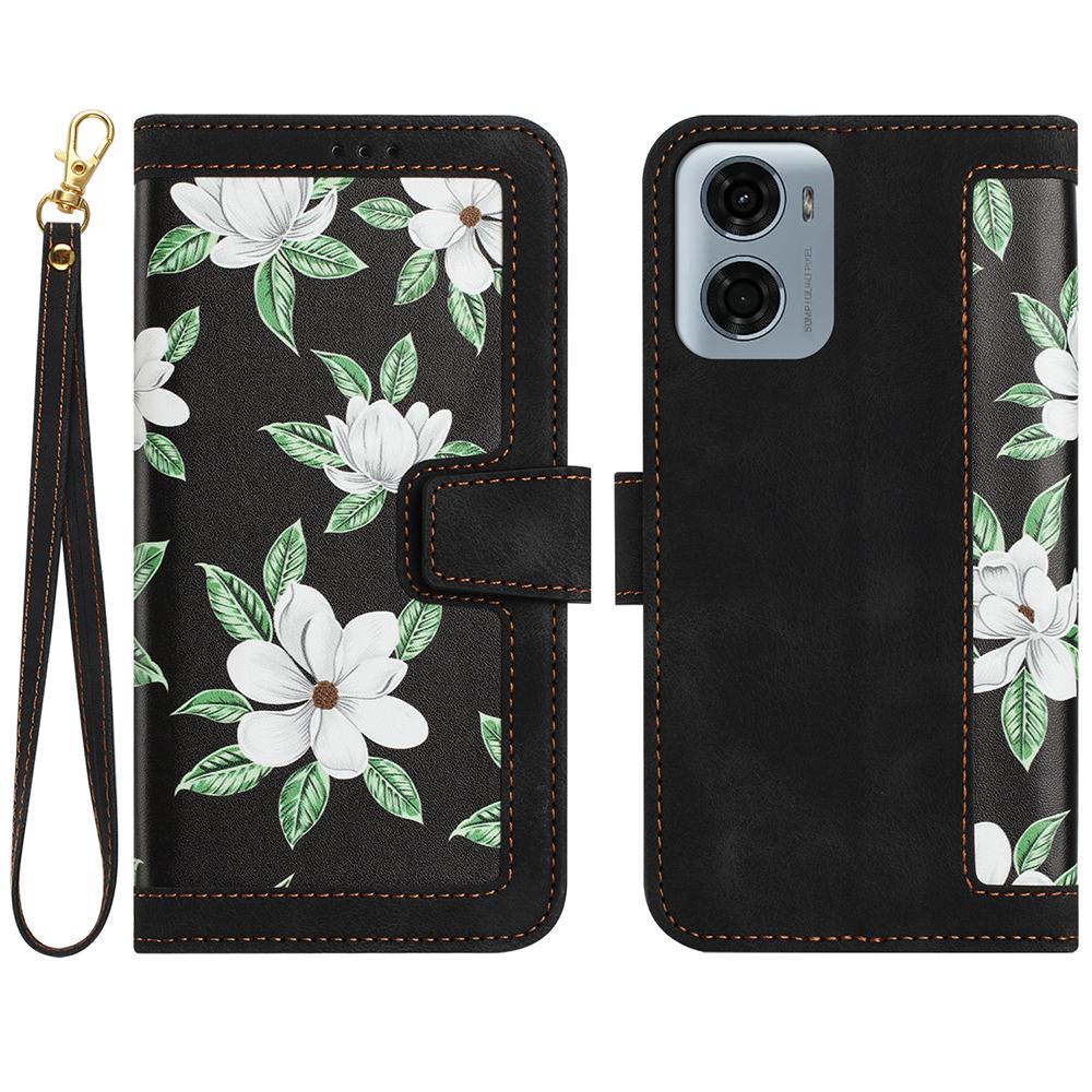 Leder Klappbrieftasche Hülle für Motorola Moto G05 G14 G15 Power G24 G34 G54 G84 E15 G 5G Play Blumen Riemen Kartenfach Handyhülle