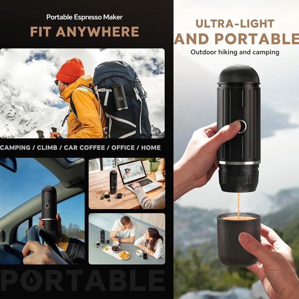 Portable Espresso Maker for Travel & Camping, Self-Heating 3-in-1 Coffee Machine Compatible with Nespresso, Dolce Gusto & Ground Coffee