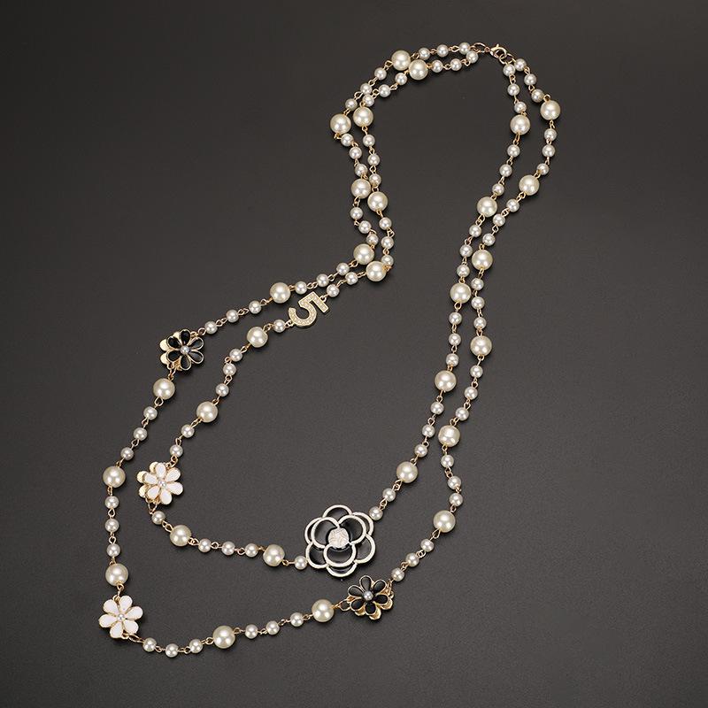 2023 Glass Pearl Double Layer Long Pendant Necklace for Women
