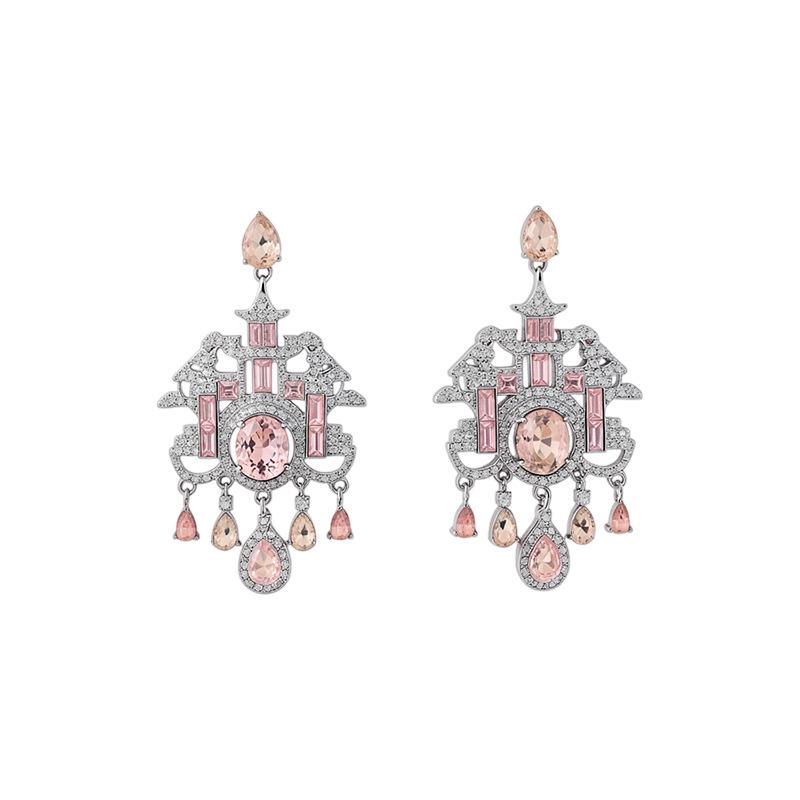 Silver Needle Luxury Pavilion Tower Water Drop Earrings – Exquisite High-End Court Style Studs for Women