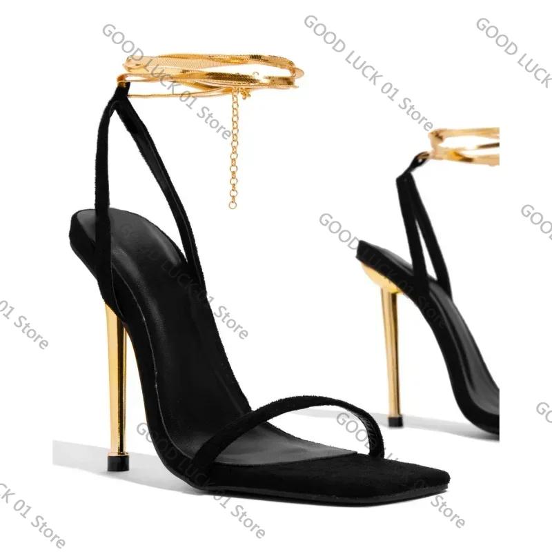 Fashion 2025 Sexy Women's Gold Padlock High Heels Sandals Woman Thin Single Strap Metal Stiletto Sandals Gold Heel Shoes 36-43