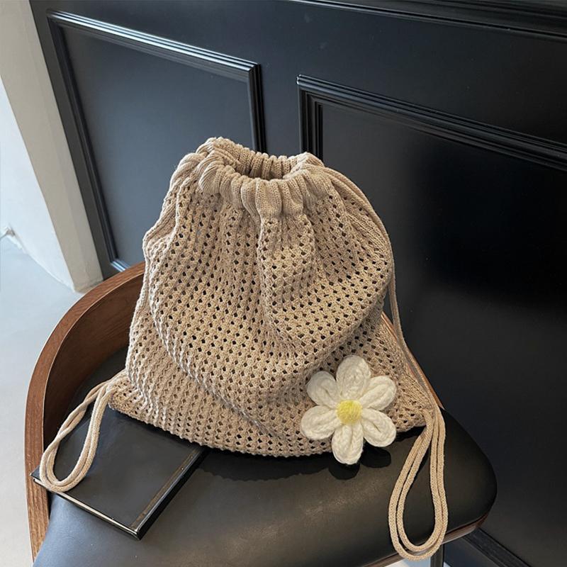 

Solid Color Knitting Shoulder Bag Large Capacity Bohemian Crochet Backpack Hollow Out Versatile Beach Travel Tote Bag For Women хакі