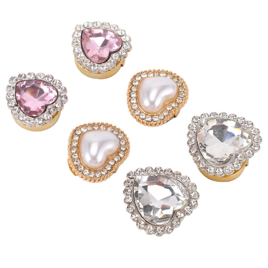 6Pcs Heart Rhinestone Button Covers Crystal Detachable Button Clips Decorative Clips Cufflink for Clothing