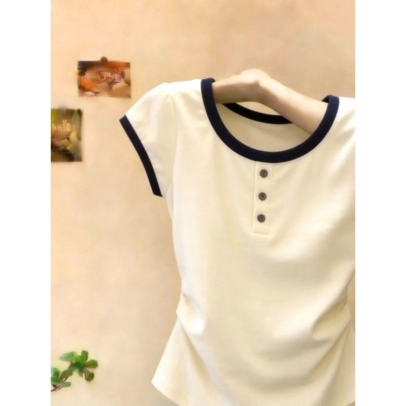 Color-Blocked Round Neck Short-Sleeve T-Shirt for Women, 2026 Summer New Fashion, Simple and Elegant, Waist-Cinching with Buttons, Exquisite Top