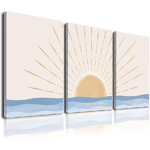 Boho Wall Art Set of 3, Neutral Geometric Sun Rising on the Sea Minimalist Art Framed Canvas Prints Artwork, Mid Century Modern Boho Sun Wall Art 12x16Inchx3pcs-Framed