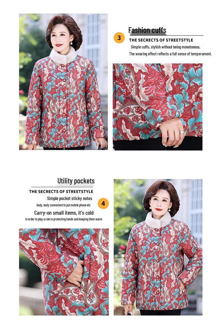 Colorful Fleece-Lined Winter Jacket for Elderly Women - Thickened, Warm Cotton Coat