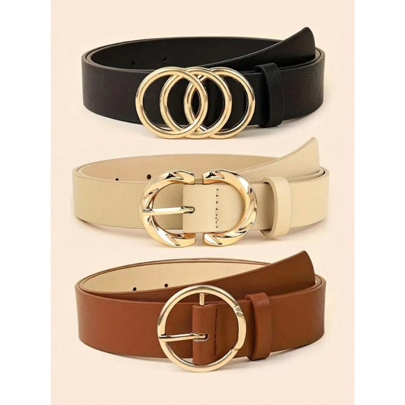Women Minimalist Fashion Versatile Waist Belt, Pants/Dress Classic Belt With Triple/Dual/Single Metal Buckle, Solid Color Elegant Waist Accessory