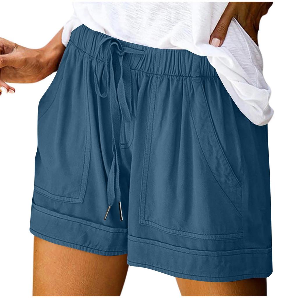 Women's Summer Large Size Loose Solid Color Drawstring Lace-Up Pocket Casual Shorts Women