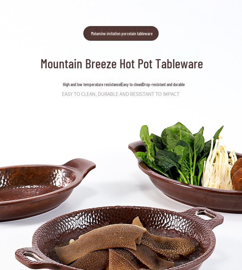 Rustykalne talerze melaminowe: Głębokie talerze z dwoma uchwytami na warzywa i flaki do restauracji z gorącym garnkiem