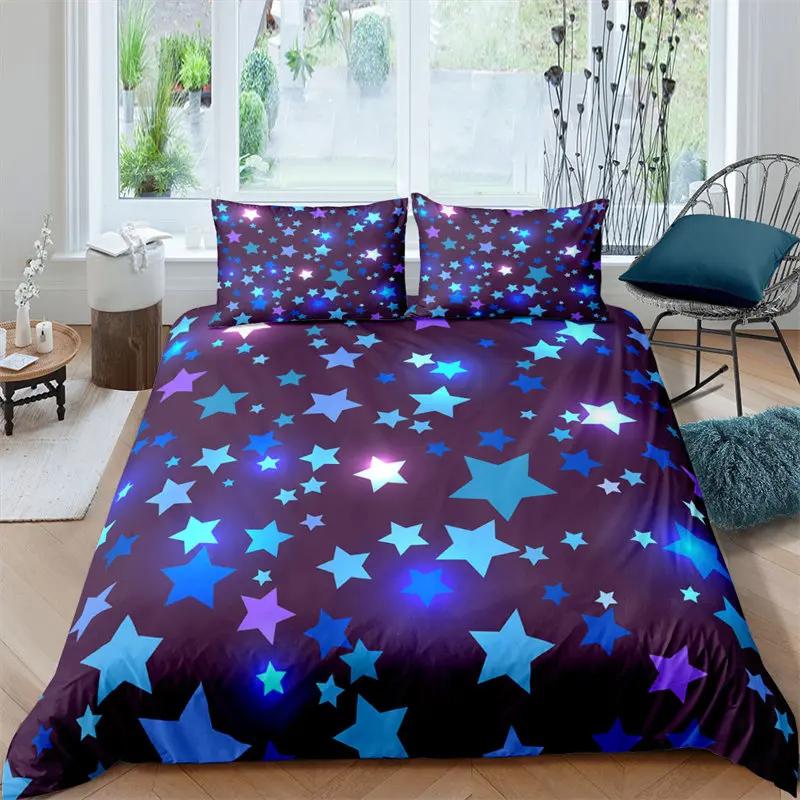Stars Bedding Set Round Dots Starry Sky Print Duvet Cover Microfiber Galaxy Theme Comforter Cover King For Girl Teen Room Decor