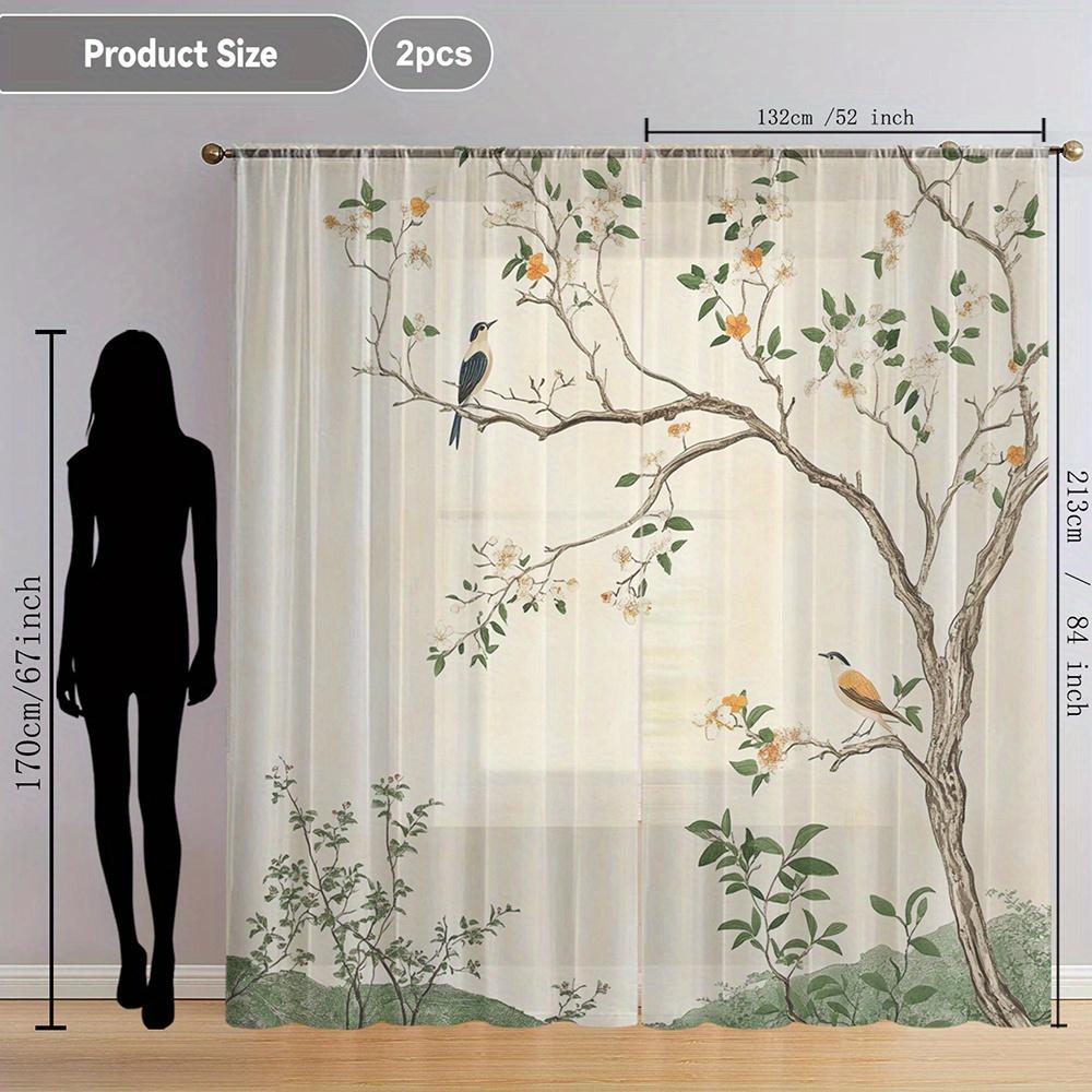 2PCS Chinese Style Floral Bird Vine Sheer Curtains Voile for Kitchen Caf Dining Room Balcony Garden Bedroom