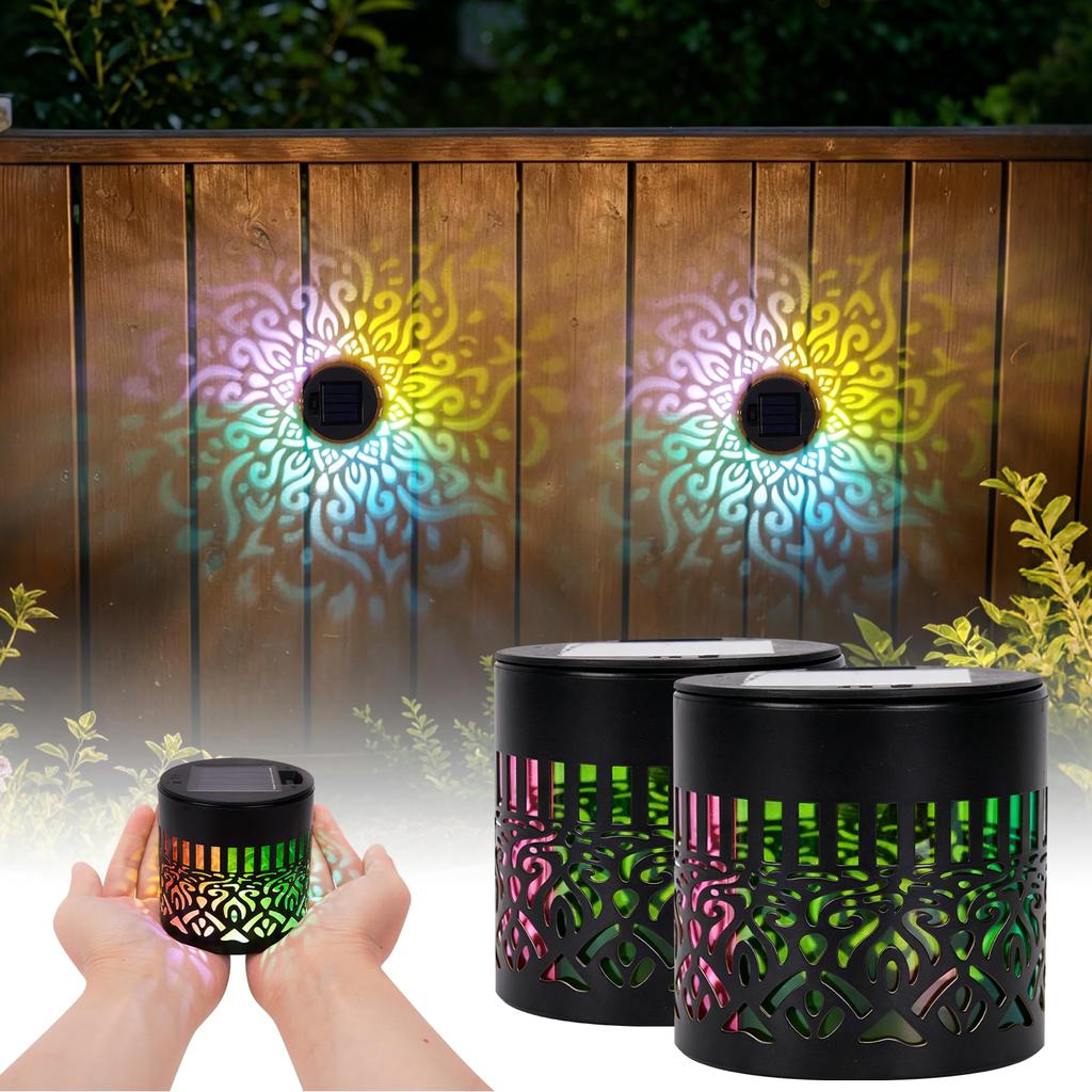 Solar Powered Decorative Outdoor Lantern Set of 2 Mandala Pattern Metal Frame Garden Patio Lighting with Integrated Solar Panel