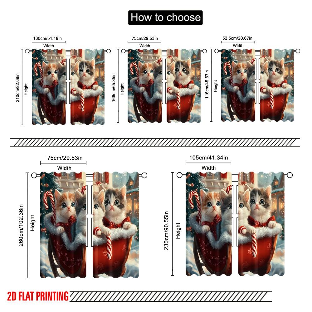 2pcs,2D Plane Printing Popular Curtain Panels Cute Kittens Christmas Sleigh Ride (2) Durable Polyester (without Rod) All Seasons