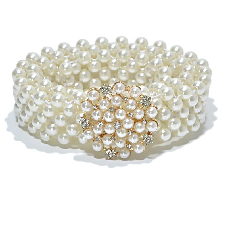 Cross-border women's belt - ladies' casual decorative rhinestone & pearl buckle slim waist belt