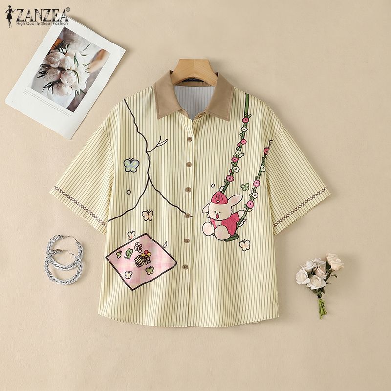ZANZEA Women Casual Turn Down Collar Loose Short Sleeve Funny Print Stripe Blouse