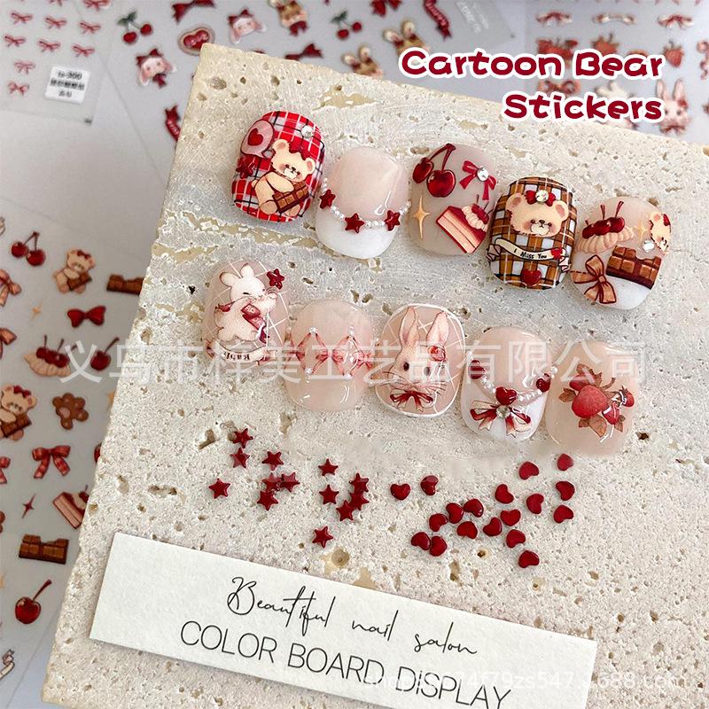 Little Bear Cartoon Nail Stickers: Cute, Versatile, Self-Adhesive Bow DIY Decorations