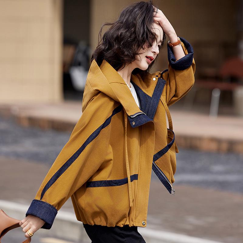 2025 Spring Women's Color Block Hooded Twill Cotton Jacket GE2513