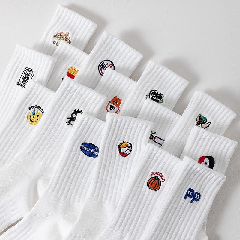 Cityboy Men’s Autumn/Winter White Cartoon Embroidery Socks - Trendy, Sweat-Absorbing Mid-Calf Sports Socks