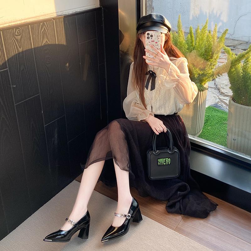 

Pointed head shallow mouth single shoes women s new metal one-word strap small leather shoes thick heel commuter high heels 34 бежевий