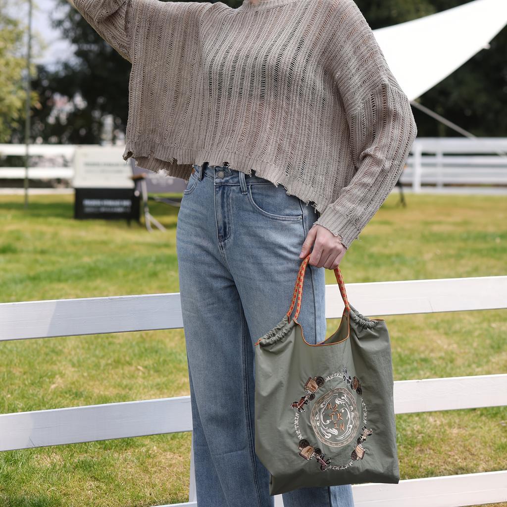 Women'S Bohemian Style Gray Tote Bag with Vintage Carriage Embroidery - Large Capacity Foldable Nylon Shoulder Bag, Reusable Perfect for Shopping