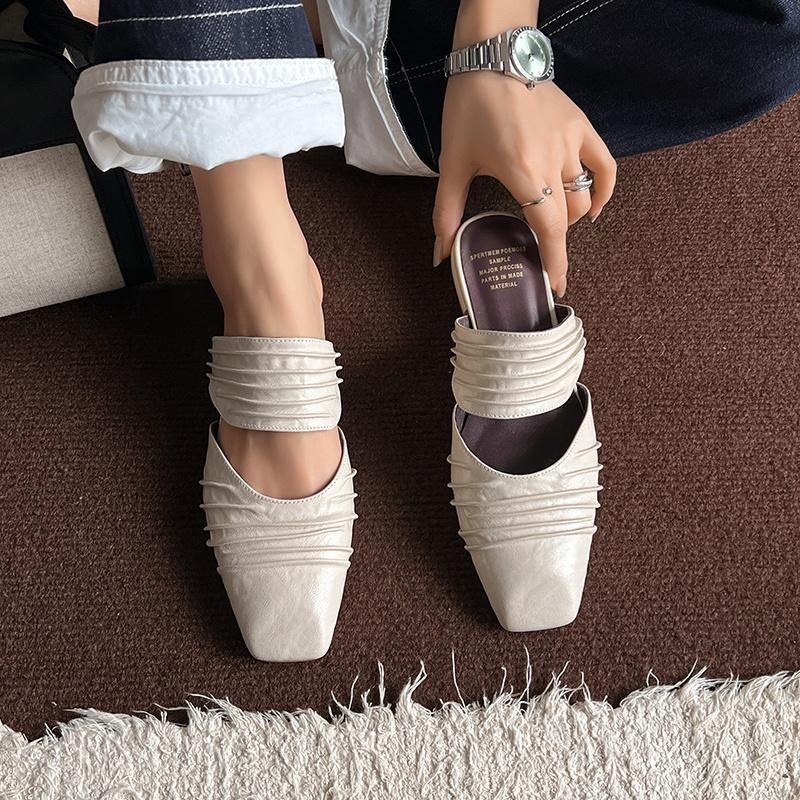 Fashion 2025 Summer New Genuine Leather Low Heels Slippers Women Square Toe Natural Leather Casual Slippers Female Daily Walk Slippers