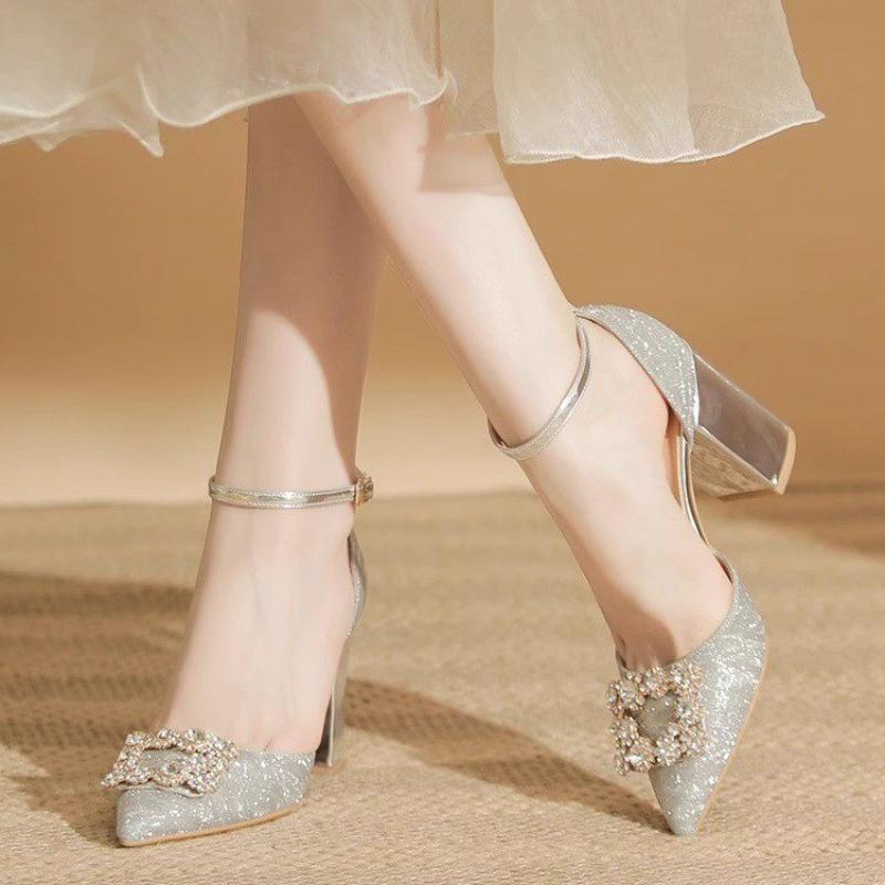 Fashion Women's Block Heel Sandals Summer New Pointed Toe Shallow Slip Rhinestone Square Buckle Strap Bag Heel Pump