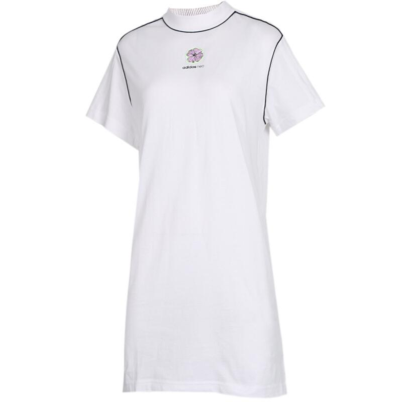 Adidas Neo Logo Solid Color Breathable Sports Casual Short Sleeve Dress Women Dresses White EJ7094
