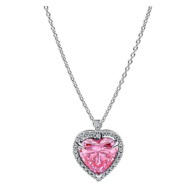 Pandora Unique heart-shaped design Cubic Zirconia Necklace Unisex Couple Style Pink/Silver 394414C01