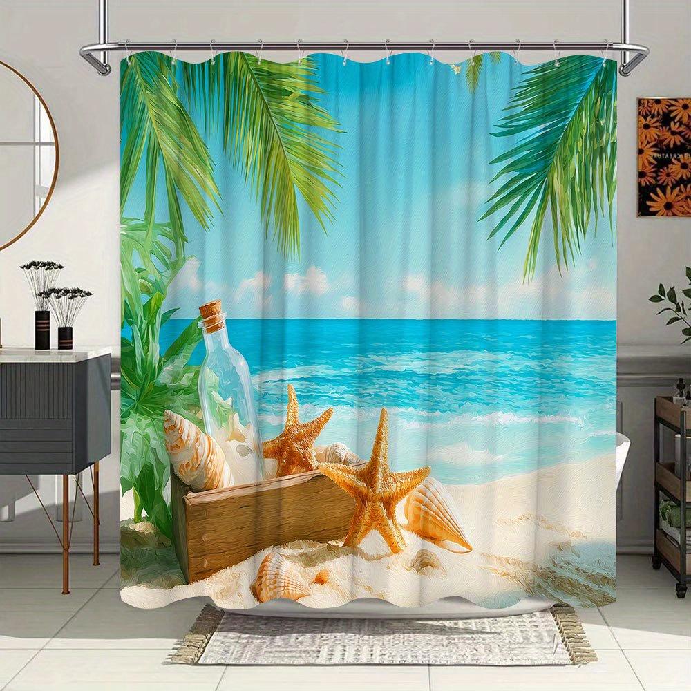 1Pc Extra Large Shower Curtain - Tropical Beach Bathroom Decor With Palm Trees, Ocean Waves, Starfish & Bottle - Machine Washabl