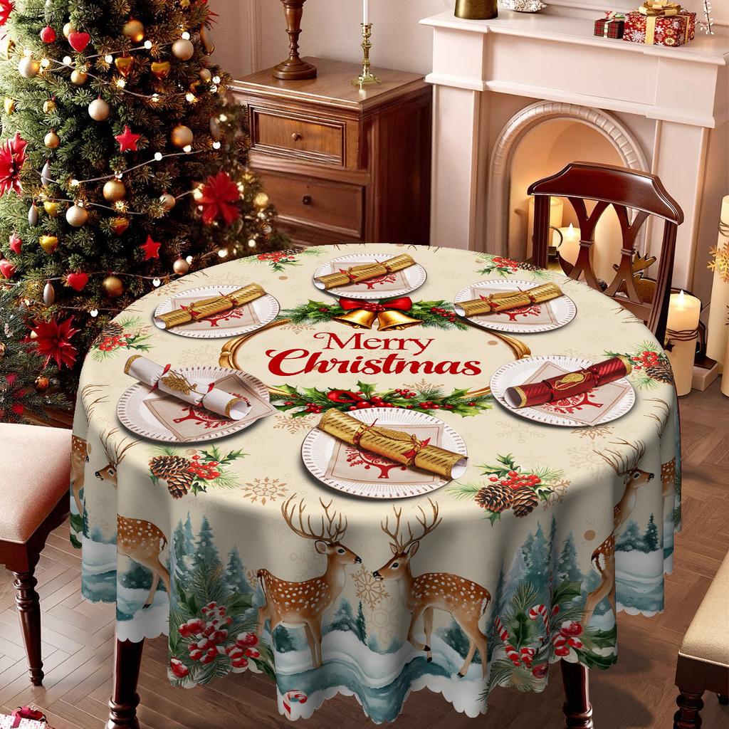 Christmas Elk Snow Tablecloth, Table Decoration, Snowball Candy Cane Snow Elk Table Cloth