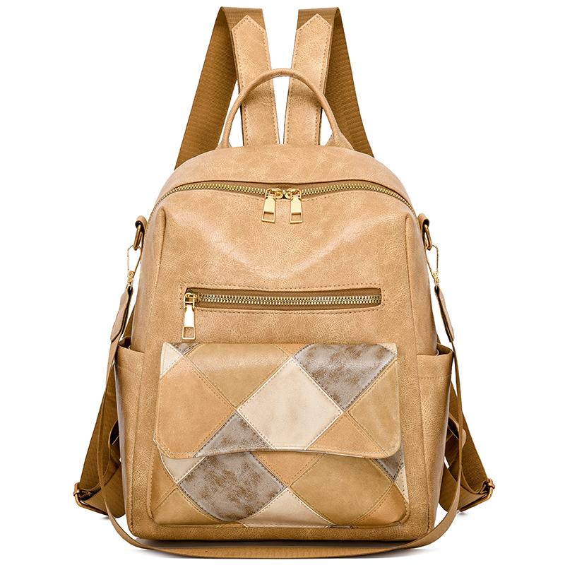 

Ромбовидный цветной рюкзак с блоками, женский ретро-рюкзак, мягкий кожаный многофункциональный дорожный рюкзак хаки