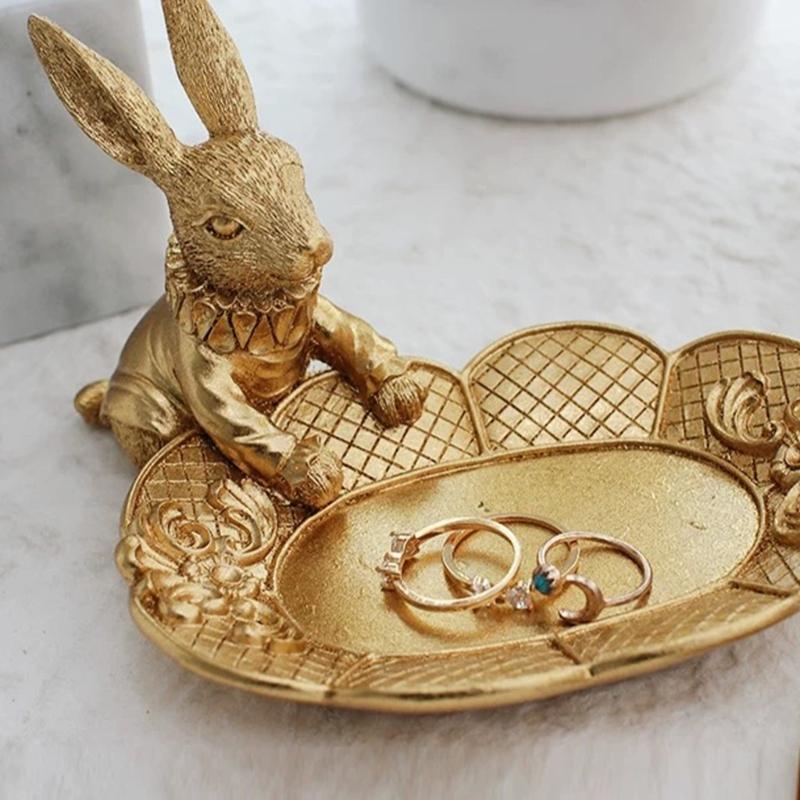 Harz-Kaninchenfigur mit abnehmbarer Schale zur Aufbewahrung von Ohrringen und Ringen Heimdekoration Eingangsbereich-Accessoire