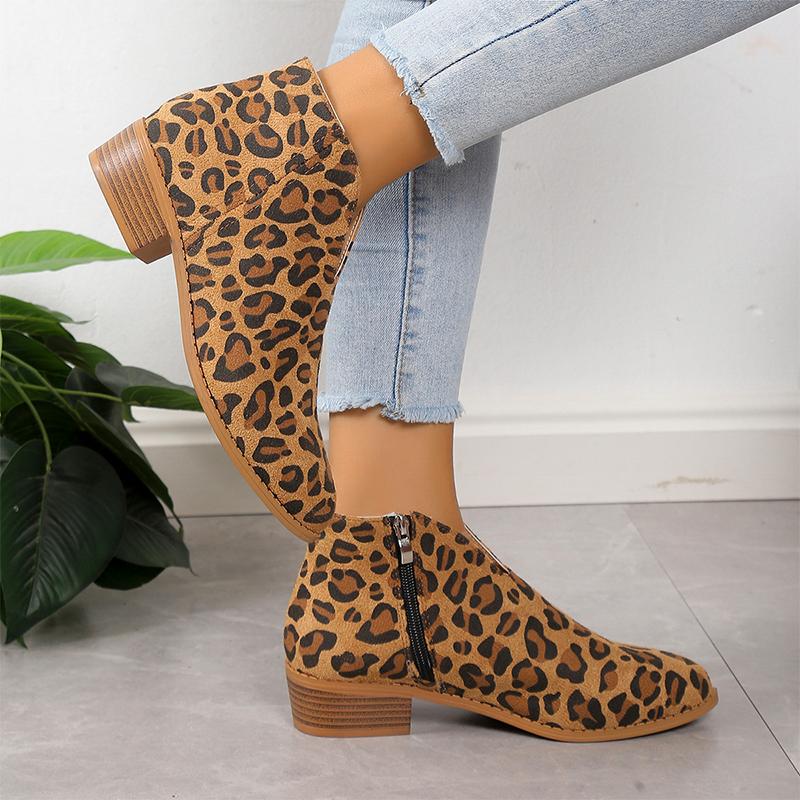 Fashion Women Leopard Pointed Toe Ankle Chelsea Boots Suede Mid Heels Shoes 2024 Winter Designer New Party Shoes Pumps Trend Femme Shoes